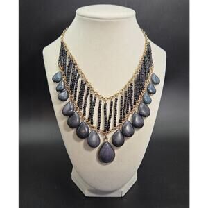 Vintage Bohemian Gypsy Style Statement Necklace Blackish Grey Beads Gold Tone
